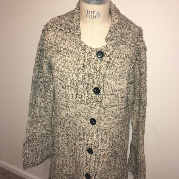 Guinevere Beige & Gray Wool & Cashmere Long Button Front Sweater L - Picture 2 of 10